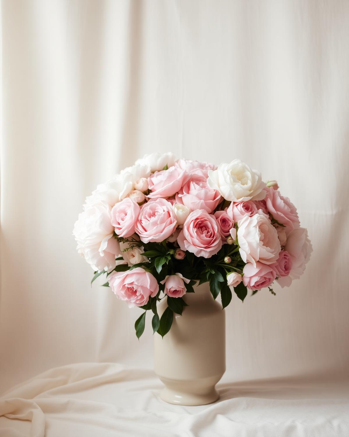 Arranjo floral em tons rosados suaves sobre fundo de linho creme