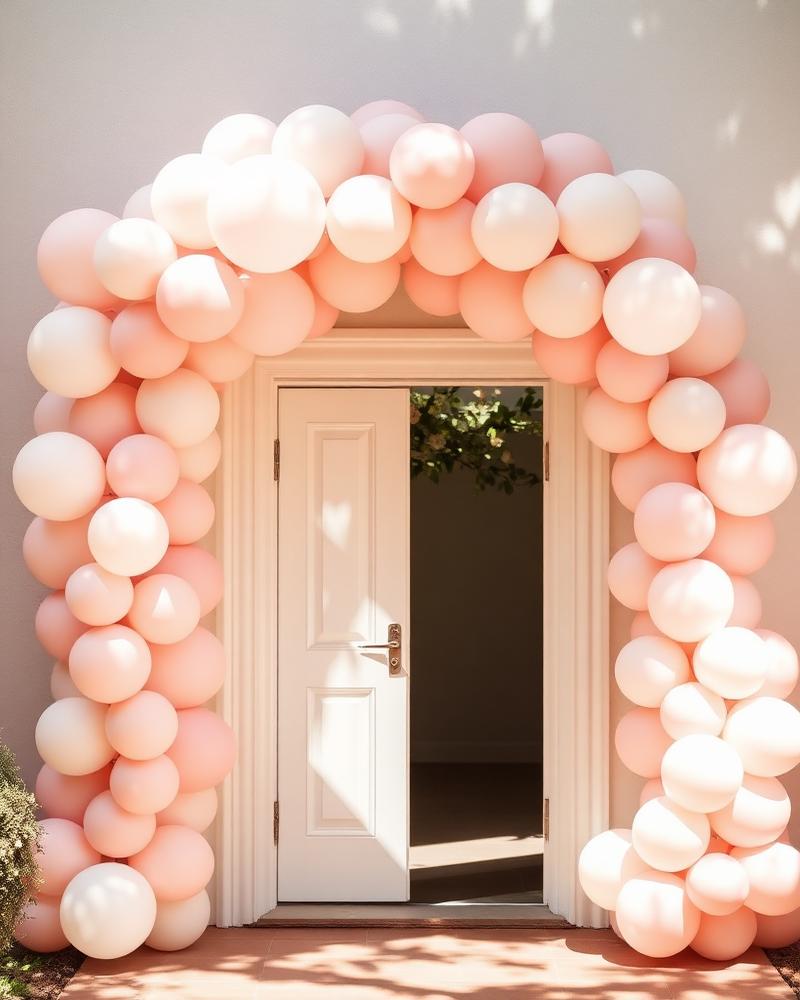 Arco orgânico de balões em tons pastel à volta de uma porta